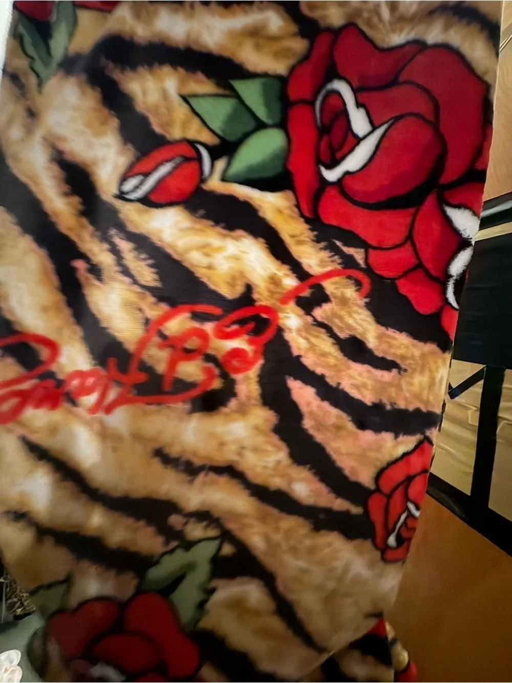 Ed Hardy Red Rose Tiger Print Plush Oversized Throw